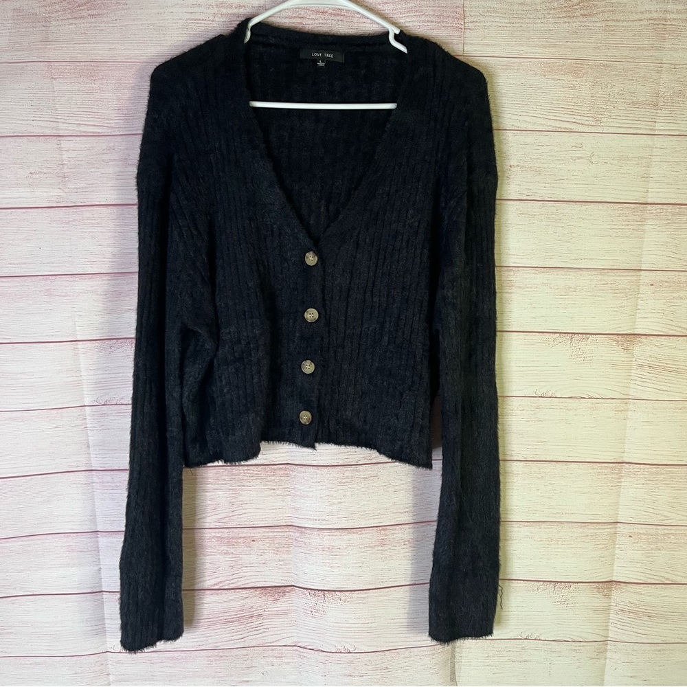Love Tree Black Comfy Cozzy Fuzzy Cardigan Sweater Size Large